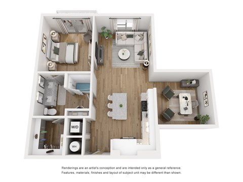 Floor plan for 1 bed, 1 bath, 909 sqft