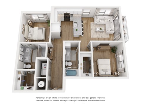 Floor plan for 2 beds, 2 baths, 995 sqft