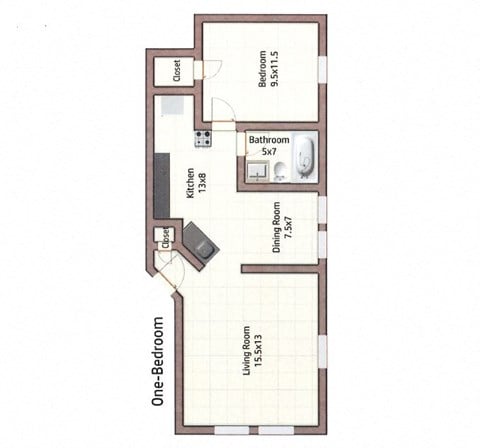 Floor plan for 1 bed, 1 bath, 450 sqft