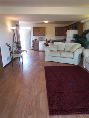 Albert Lea townhouse for rent - A living room with a white couch and a wooden floor.