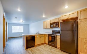 River Falls apartment for rent - A kitchen with wooden cabinets and appliances.
