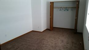 Albert Lea townhouse for rent - A room with a brown carpet and a closet with clothes hanging.