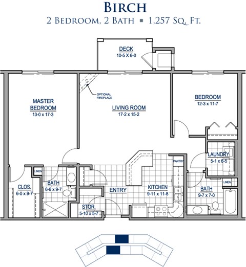 Floor plan for 2 beds, 2 baths, 1257 sqft