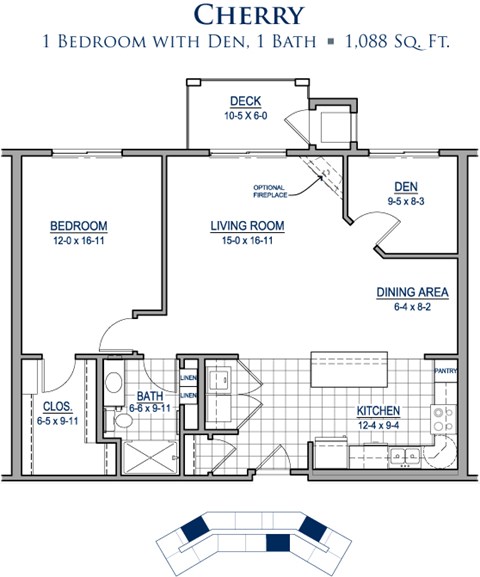 Floor plan for 1 bed, 1 bath, 1088 sqft