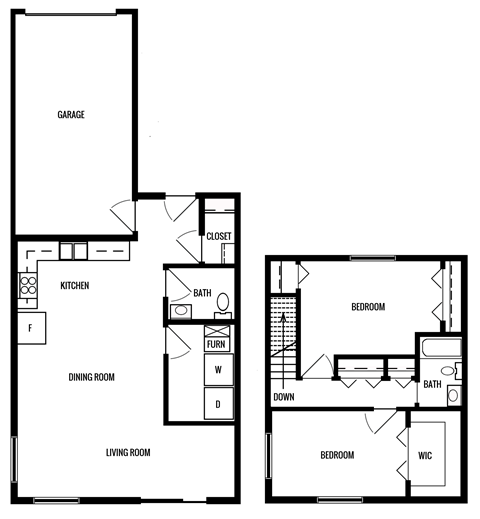 Floor plan for 2 beds, 1.5 baths, 1200 sqft