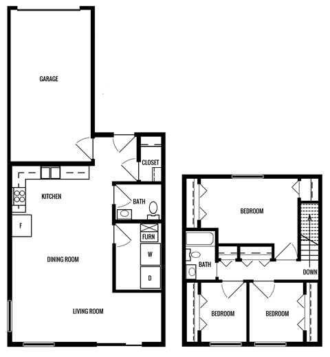 Floor plan for 3 beds, 1.5 baths, 1200 sqft