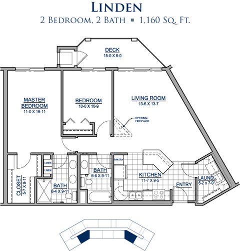 Floor plan for 2 beds, 2 baths, 1160 sqft