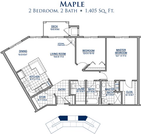 Floor plan for 2 beds, 2 baths, 1405 sqft