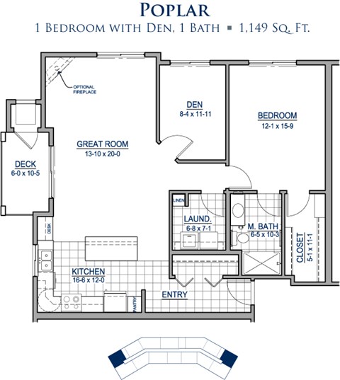 Floor plan for 1 bed, 1 bath, 1149 sqft