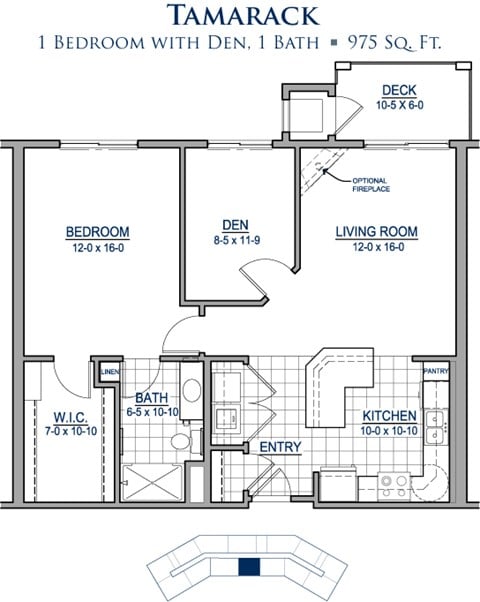 Floor plan for 1 bed, 1 bath, 975 sqft