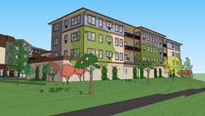 River Falls apartment for rent - A 3D rendered image of a multi-story building with trees in front.