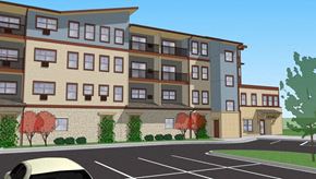 River Falls apartment for rent - A rendering of a modern apartment building with a car parked in front.