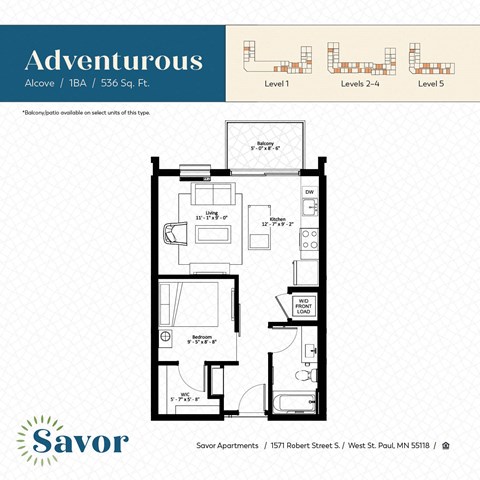 Floor plan for 1 bed, 1 bath, 536 sqft