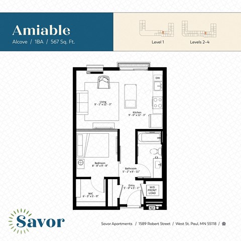 Floor plan for 1 bed, 1 bath, 567 sqft