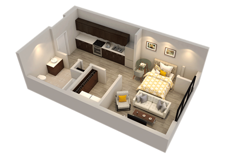 Floor plan for studio, 1 bath, 491 sqft