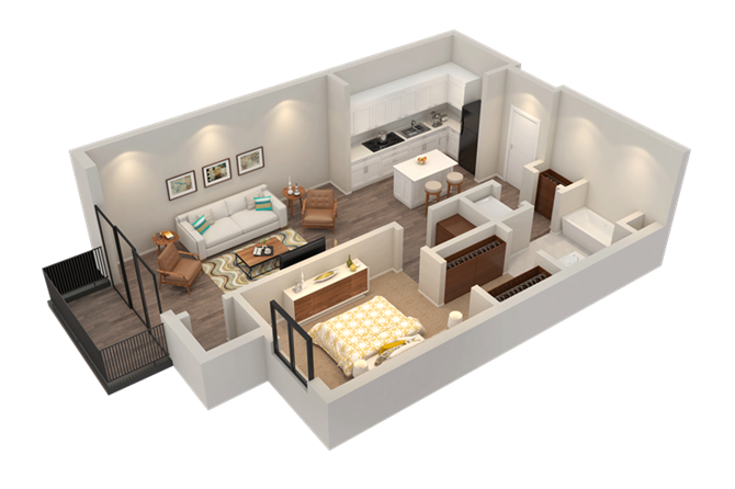 Floor plan for 1 bed, 1 bath, 674 sqft