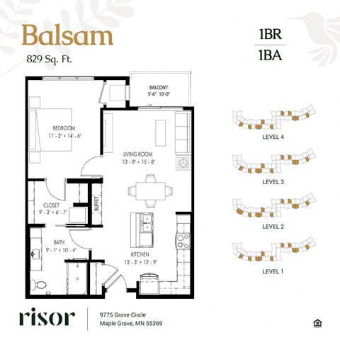 Floor plan for 1 bed, 1 bath, 840 sqft