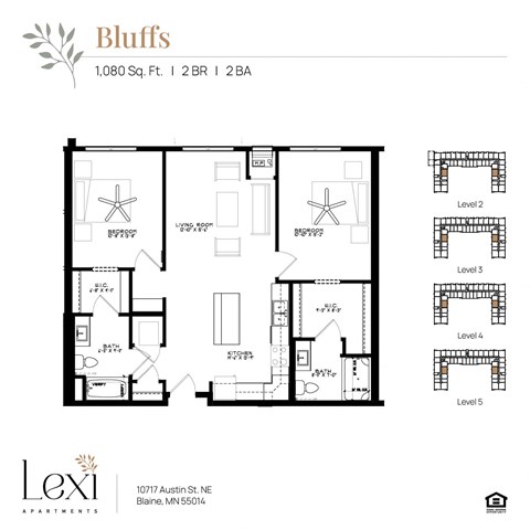 Floor plan for 2 beds, 2 baths, 1080 sqft