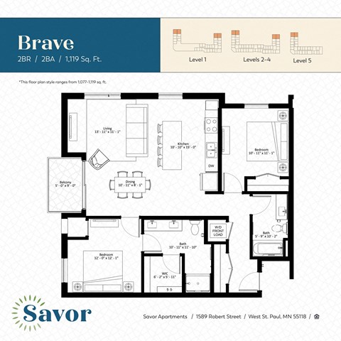 Floor plan for 2 beds, 2 baths, 1119 sqft