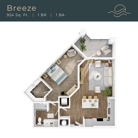 Floor plan for 1 bed, 1 bath, 924 sqft