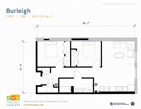 Floor plan for 2 beds, 1 bath, 879 sqft