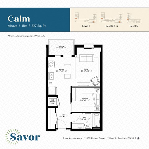 Floor plan for 1 bed, 1 bath, 527 sqft