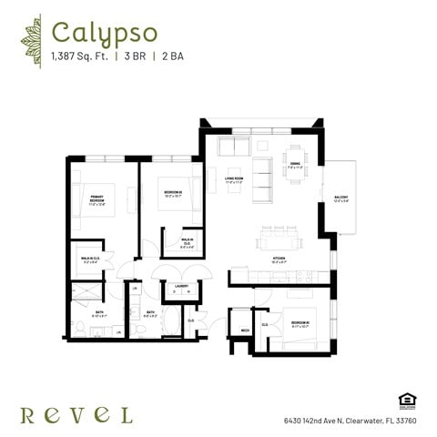 Floor plan for 3 beds, 2 baths, 1387 sqft