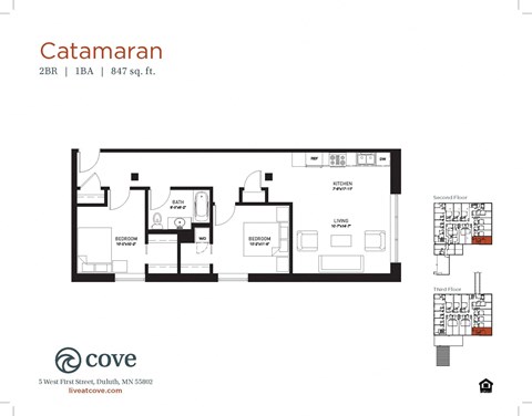 Floor plan for 2 beds, 1 bath, 879 sqft