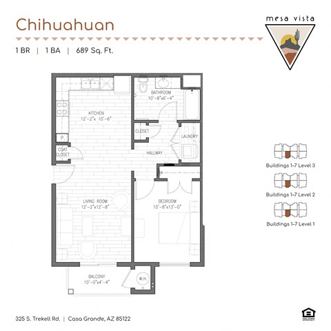 Floor plan for 1 bed, 1 bath, 689 sqft