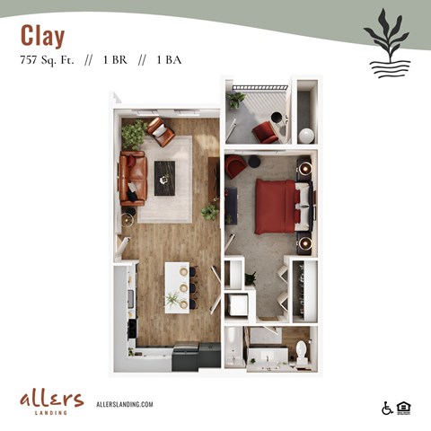 Floor plan for 1 bed, 1 bath, 757 sqft