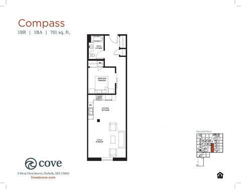 Floor plan for 1 bed, 1 bath, 726 sqft