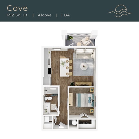 Floor plan for 1 bed, 1 bath, 692 sqft