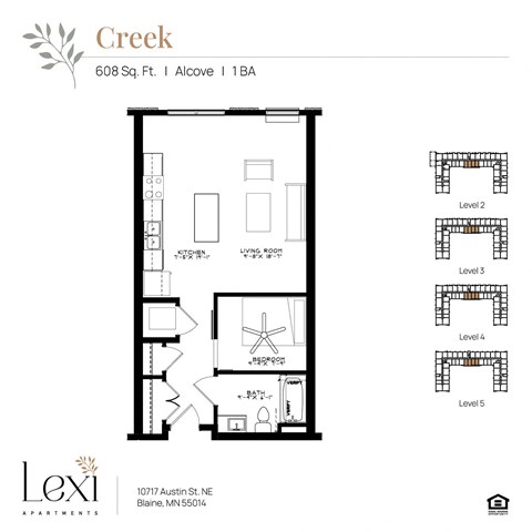 Floor plan for 1 bed, 1 bath, 608 sqft
