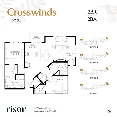 Floor plan for 2 beds, 2 baths, 1392 sqft
