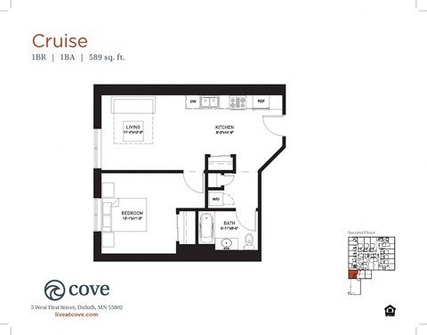 Floor plan for 1 bed, 1 bath, 626 sqft