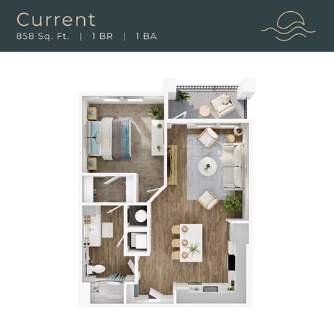 Floor plan for 1 bed, 1 bath, 858 sqft