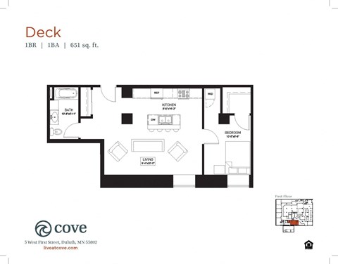 Floor plan for 1 bed, 1 bath, 719 sqft