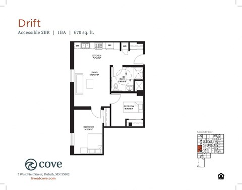 Floor plan for 2 beds, 1 bath, 678 sqft