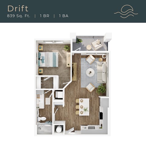 Floor plan for 1 bed, 1 bath, 839 sqft