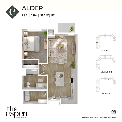 Floor plan for 1 bed, 1 bath, 754 sqft