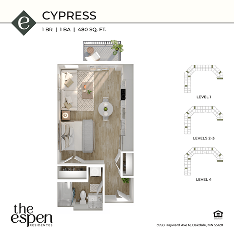 Floor plan for studio, 1 bath, 480 sqft
