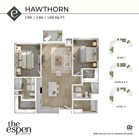 Floor plan for 2 beds, 2 baths, 1120 sqft
