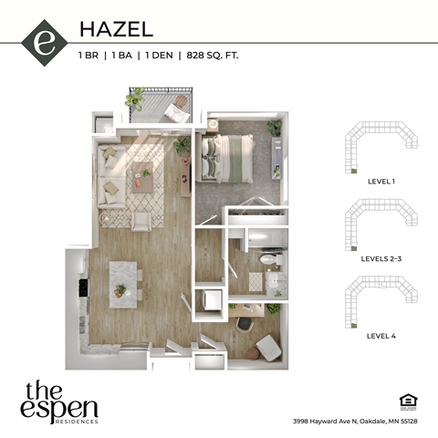 Floor plan for 1 bed, 1 bath, 828 sqft
