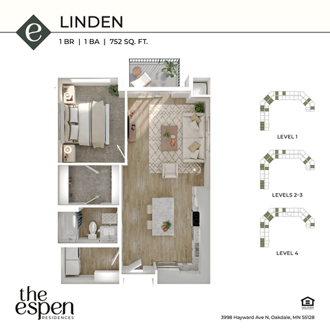 Floor plan for 1 bed, 1 bath, 752 sqft