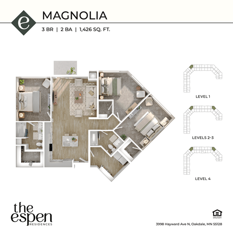 Floor plan for 3 beds, 2 baths, 1426 sqft