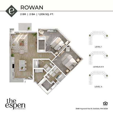 Floor plan for 2 beds, 2 baths, 1206 sqft