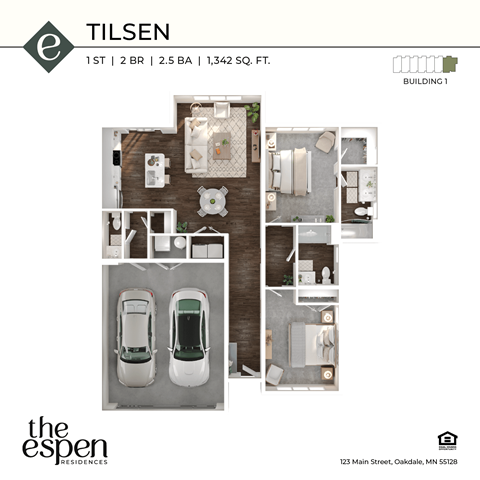 Floor plan for 2 beds, 2.5 baths, 1342 sqft