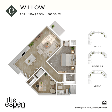 Floor plan for 1 bed, 1 bath, 963 sqft