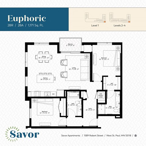 Floor plan for 2 beds, 2 baths, 1171 sqft