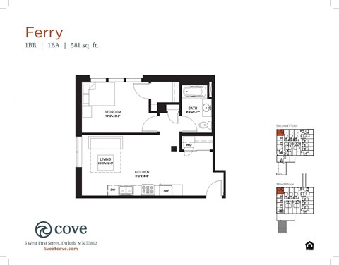 Floor plan for 1 bed, 1 bath, 601 sqft